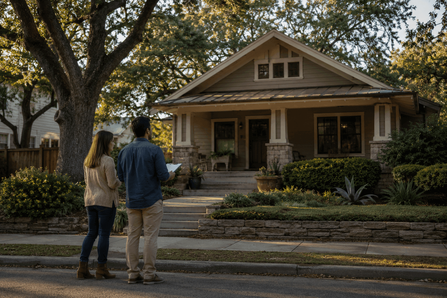 A couple reviewing an offer on a clipboard with their agent outside an Austin craftsman home