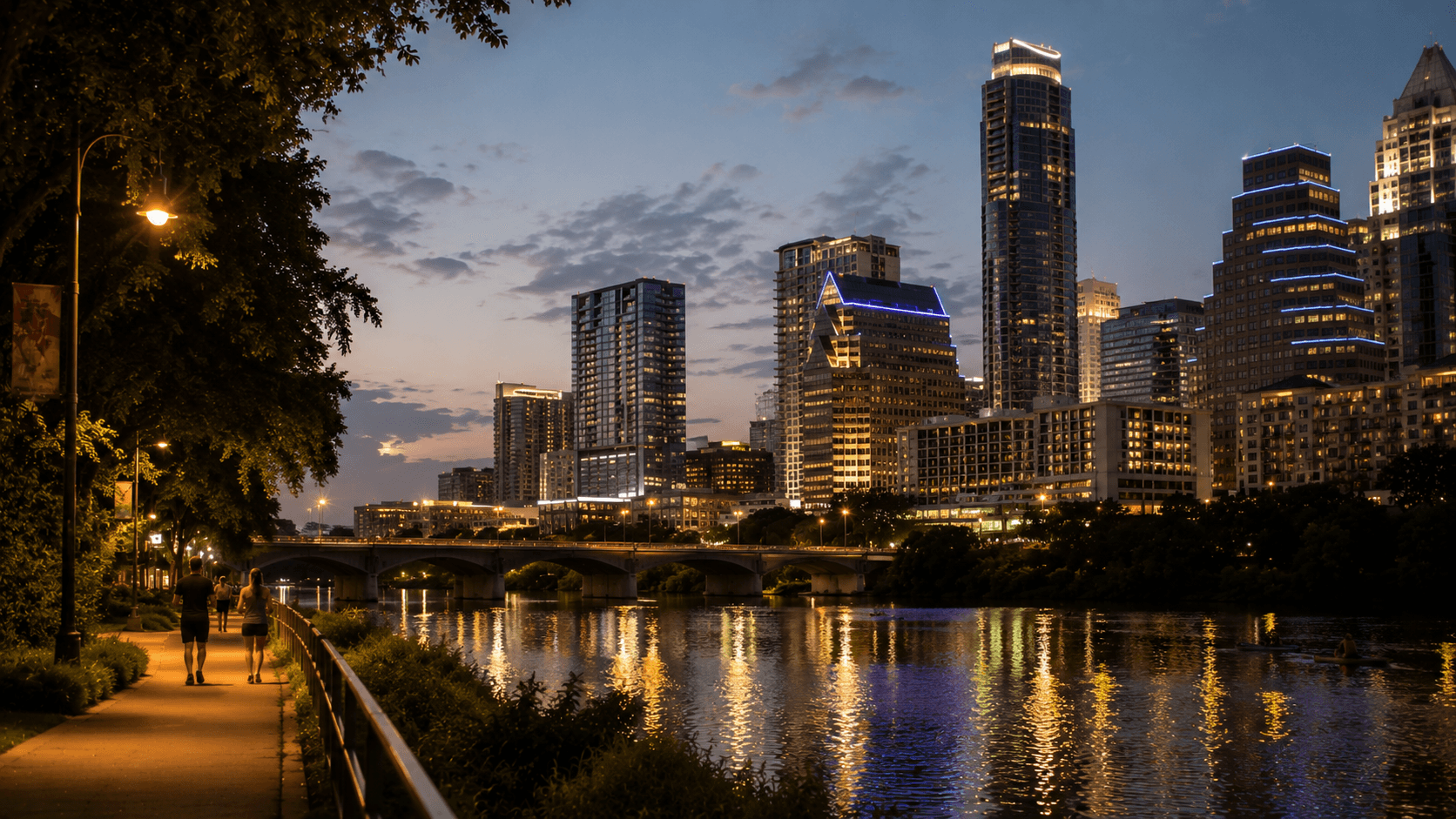 Austin in the evening, looking out across the city as the lights come on