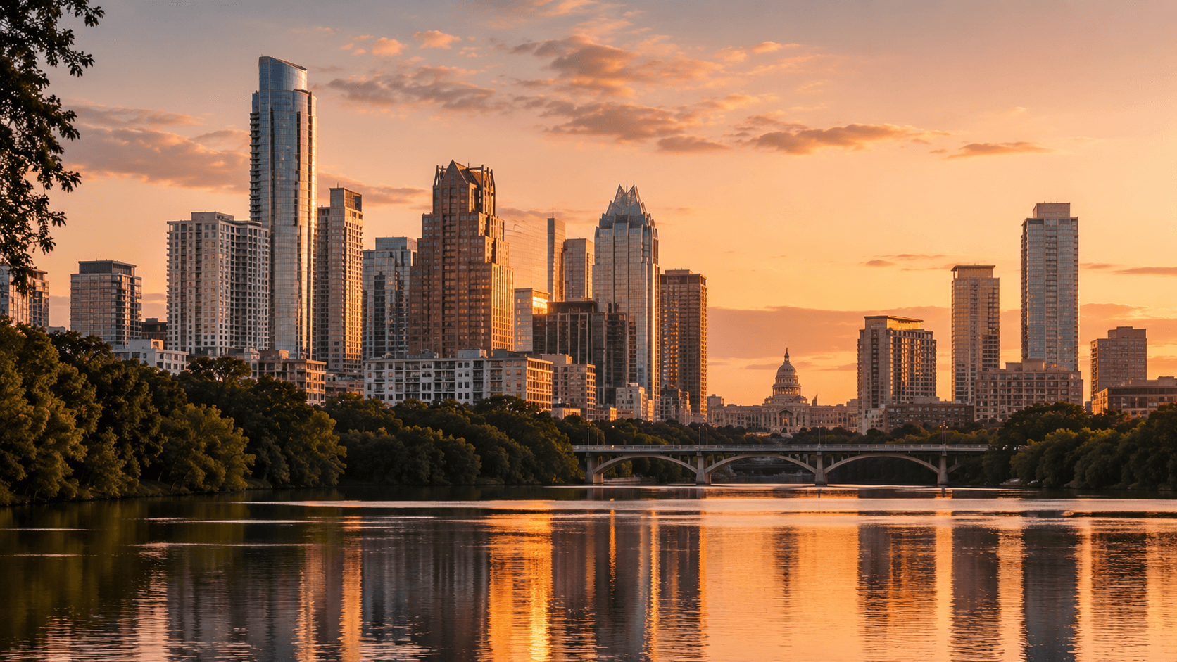Austin skyline at golden hour with the Texas State Capitol in view