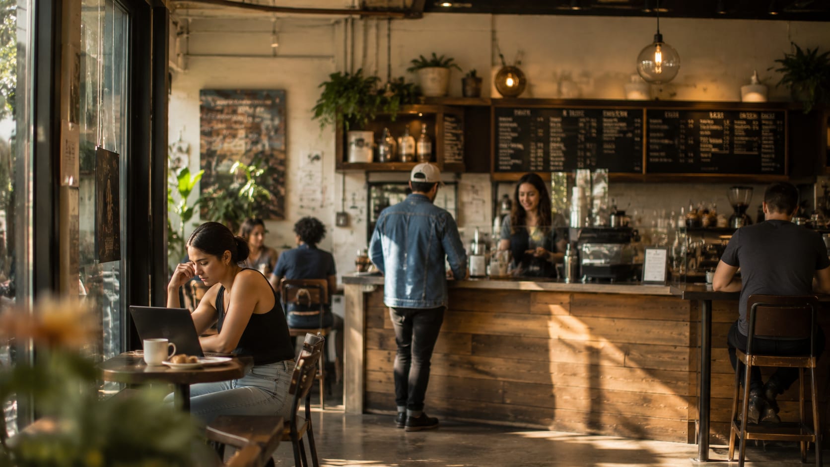 Independent Austin coffee shop interior with warm natural light