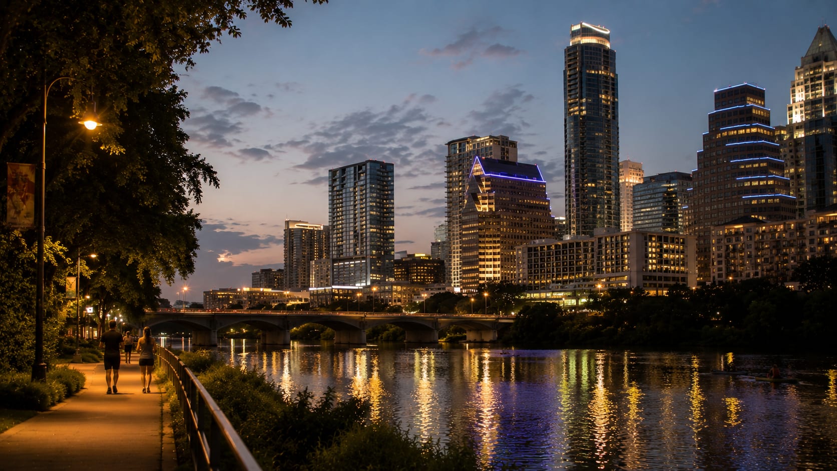 Austin in the evening, looking out across the city as the lights come on