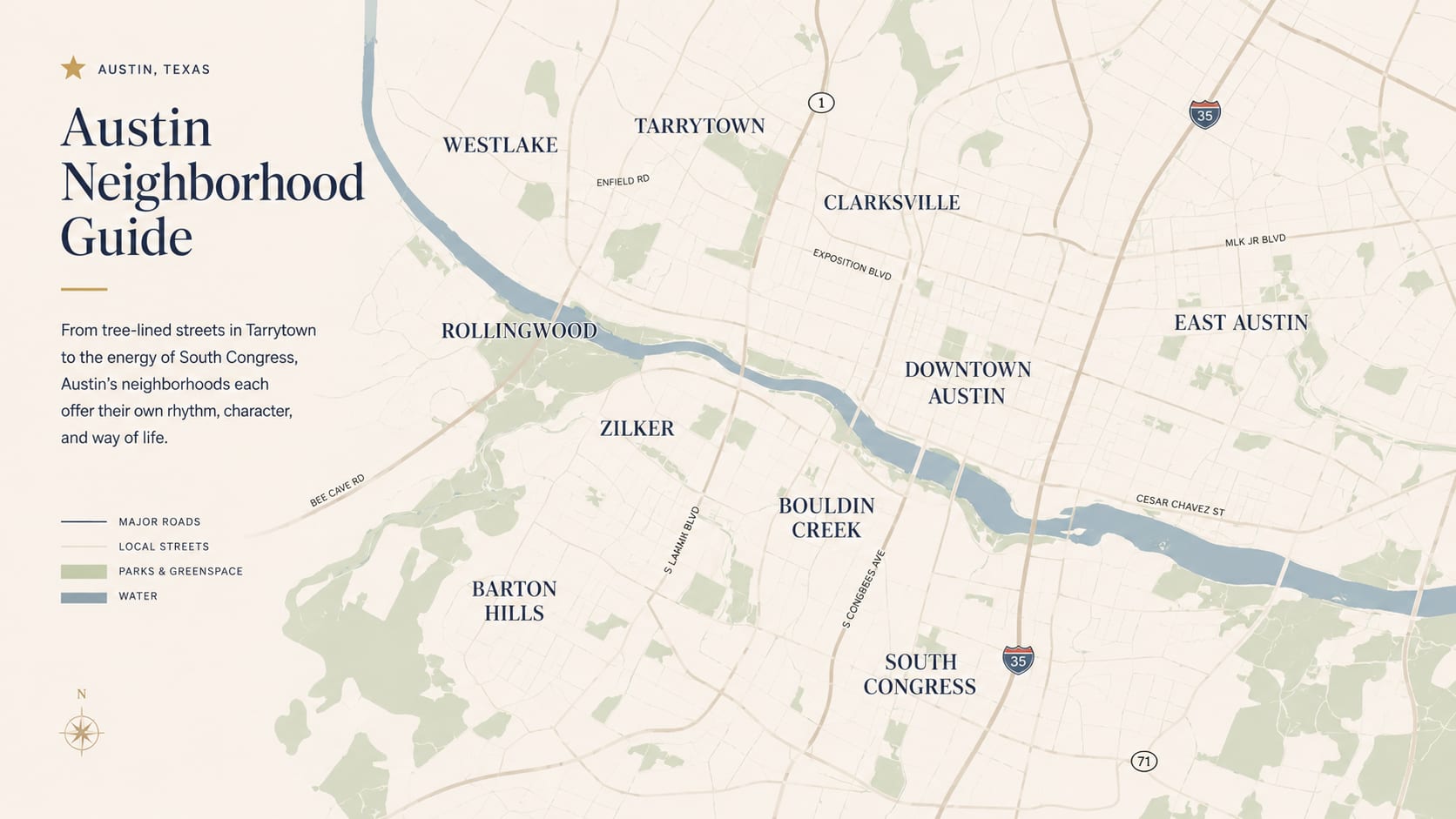 Editorial map of central Austin showing Zilker, Bouldin, Clarksville, Tarrytown, Rollingwood, Barton Hills, South Congress, East Austin, and Westlake