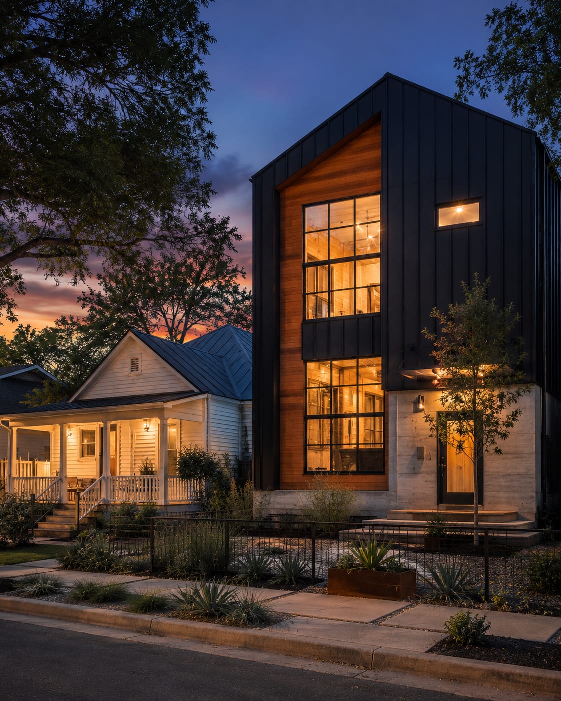 Modern East Austin street with contemporary infill homes