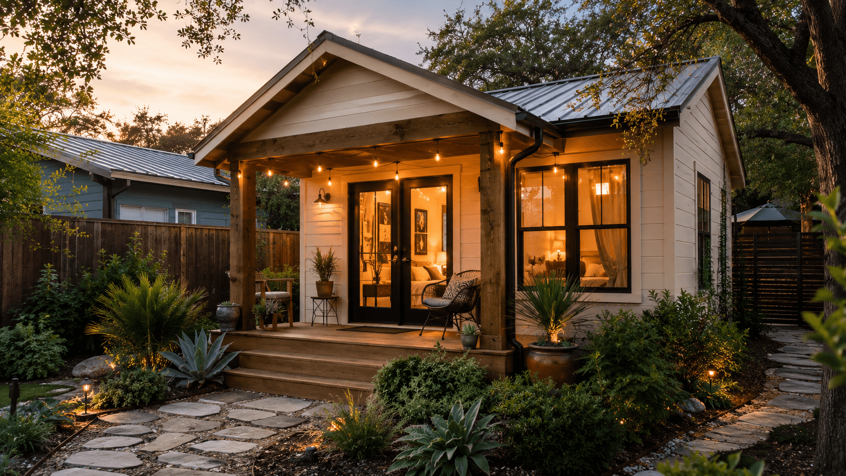 An inviting Austin short-term rental property with a beautifully designed covered porch and mature oak trees in warm natural light