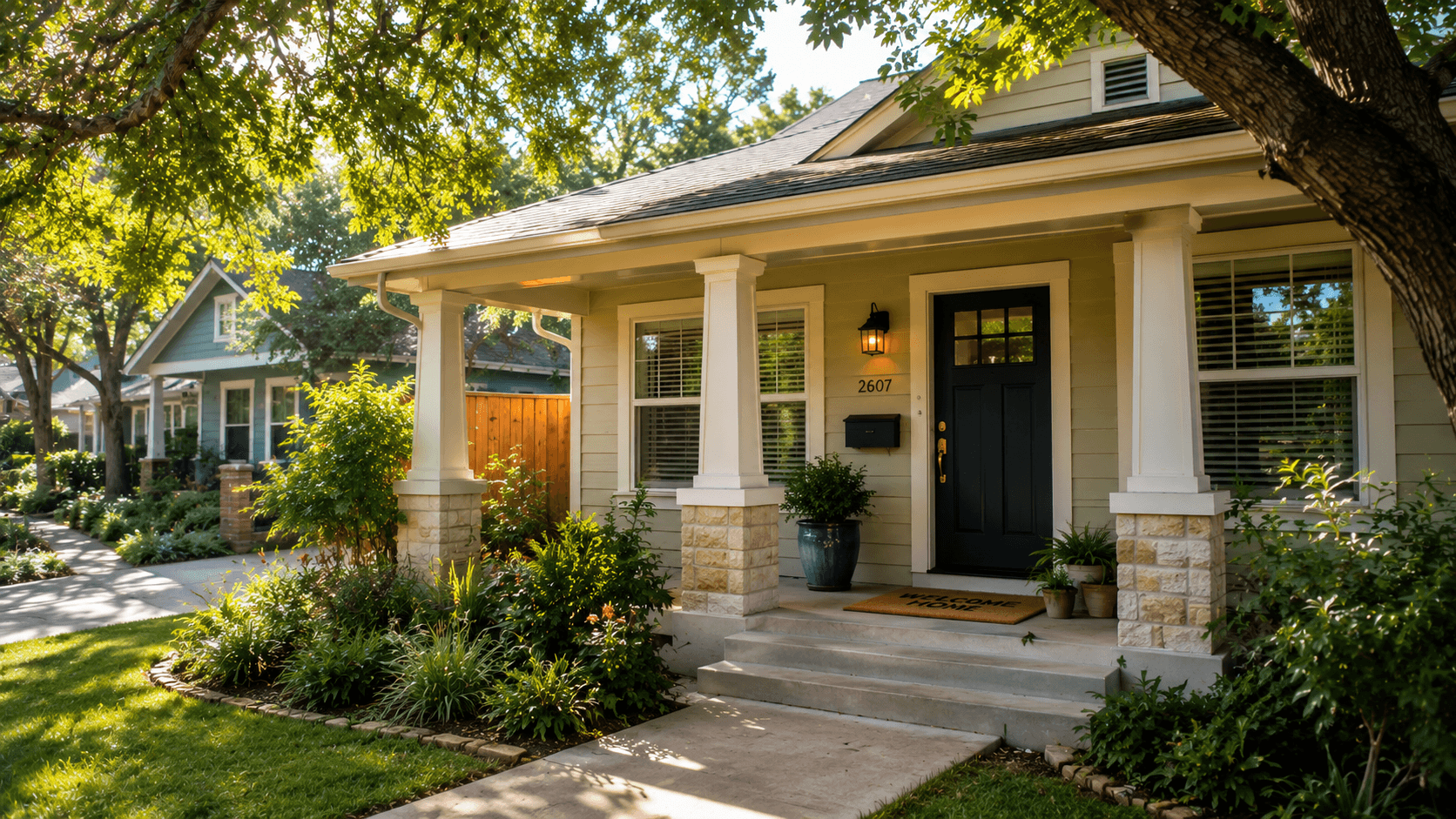 A first-time homebuyer standing in front of their new Austin home on a tree-lined residential street in warm afternoon light