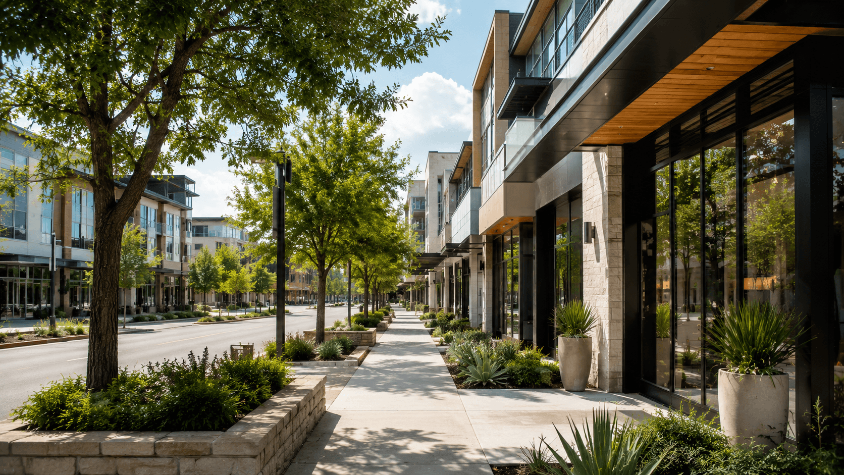North Austin residential street with new construction homes and mature trees near the Domain employment corridor in natural daylight